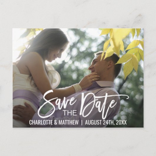 Modern White Script Wedding SAVE THE DATE w / FOTO Aankondigingskaart (Voorkant)