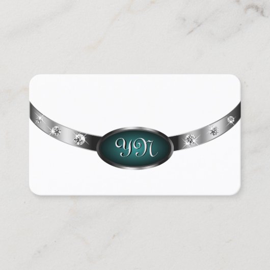 Modern White Silver Blauwgroen Faux Diamonds monog Visitekaartje (Voorkant)