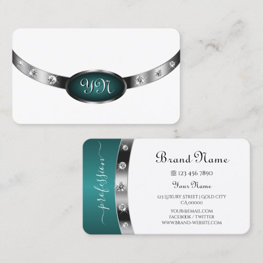Modern White Silver Blauwgroen Faux Diamonds monog Visitekaartje (Voorkant / Achterkant)