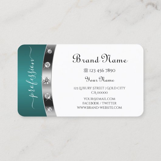 Modern White Silver Blauwgroen Faux Diamonds monog Visitekaartje (Achterkant)