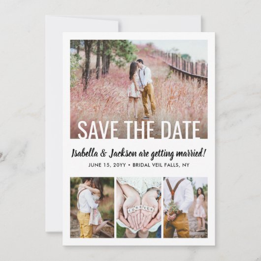 Modern White Typography Overlay Five Photo Wedding Save The Date (Voorkant)
