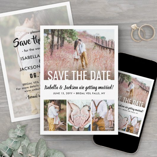 Modern White Typography Overlay Five Photo Wedding Save The Date