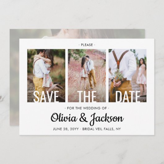 Modern White Typography Overlay Four Photo Wedding Save The Date (Voorkant / Achterkant)