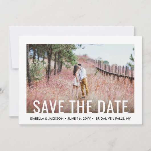 Modern White Typography Overlay Two Photo Wedding Save The Date (Voorkant)