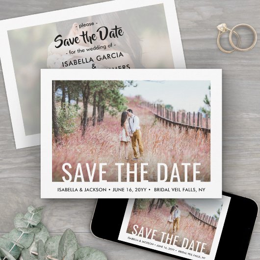 Modern White Typography Overlay Two Photo Wedding Save The Date