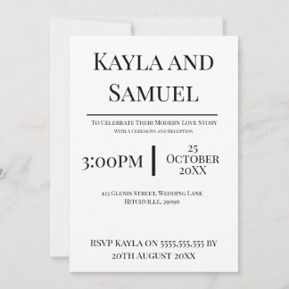 Modern White Wedding Invitation with Black Text Kaart