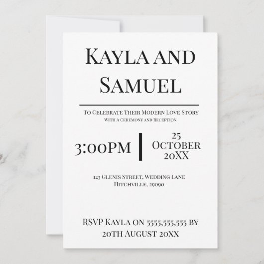 Modern White Wedding Invitation with Black Text Kaart (Voorkant)