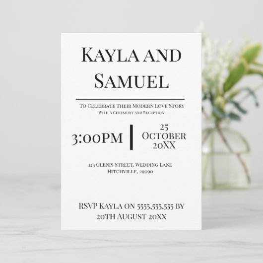 Modern White Wedding Invitation with Black Text Kaart (Staand voorkant)