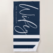 Modern Wifey Script Nautical Navy & White Stripes Strandlaken (Voorkant)