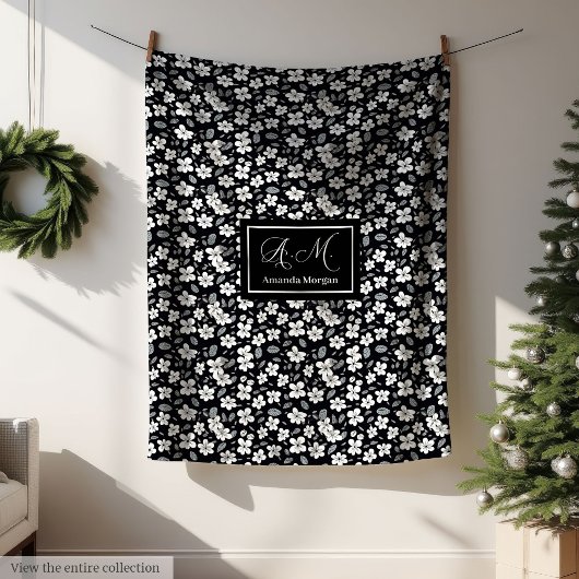 Modern Wild Flowers Blanket Custom Monochrome Fleece Deken