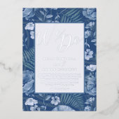 Modern Wild Flowers Blue & Silver We Do Wedding  Folie Uitnodiging (Voorkant)