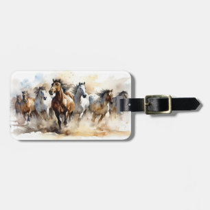 Modern Wild Mustang Horses Equestrian Waterverf Bagagelabel