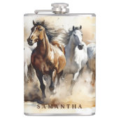 Modern Wild Mustang Horses Equestrian Waterverf Heupfles (Voorkant)