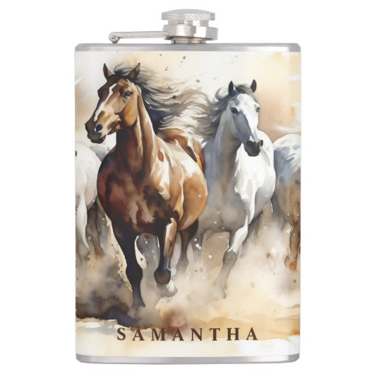 Modern Wild Mustang Horses Equestrian Waterverf Heupfles (Voorkant)