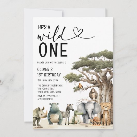 Modern Wild One Safari Oerwoud Boy 1e verjaardag Kaart (Voorkant)