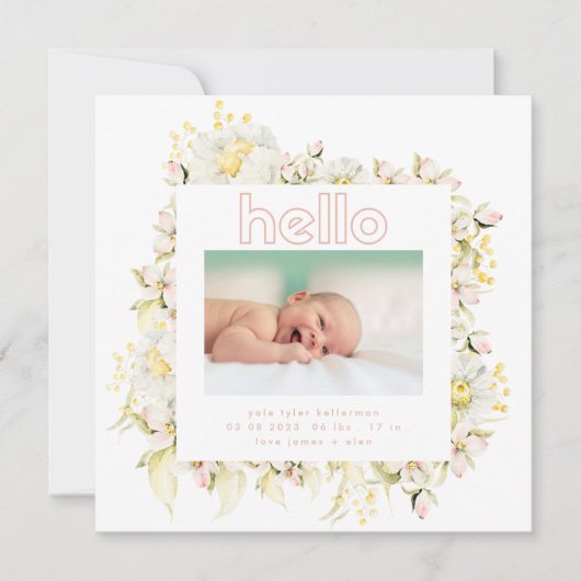 modern wildbloemroze meisje hallo geboorte van bab aankondiging (Voorkant)