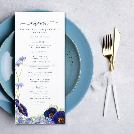 Modern Wildebloem Blauwe Trouwmenu Menu