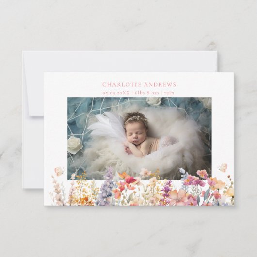 Modern, Wildflower, 2 foto Nieuwe Baby Dank u Bedankkaart (Voorkant)