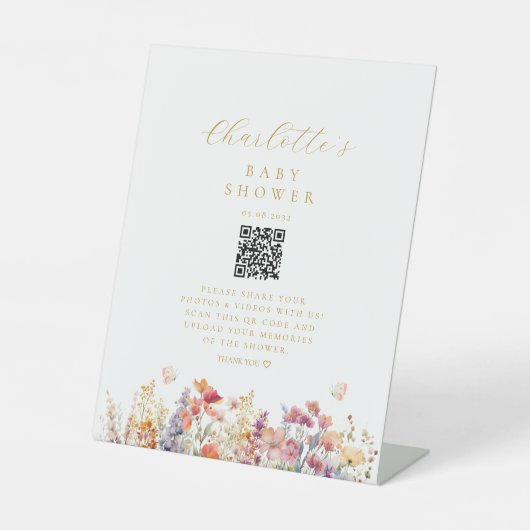 Modern, Wildflower, Baby shower, QR-code Reclamebord Met Voetstuk (Voorkant)