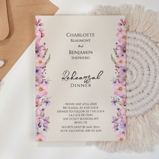 Modern Wildflower Beige Bruiloft repetitie diner Kaart