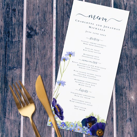 Modern Wildflower Blauw Bruiloft Menu