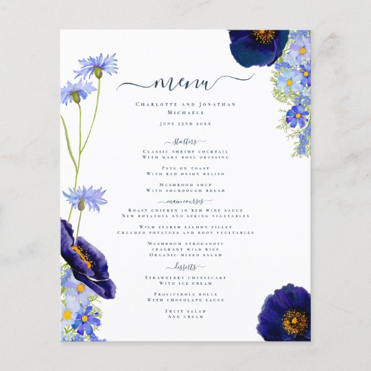 Modern Wildflower Blue Boho Wedding Menu (Voorkant)