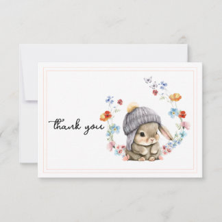 Modern Wildflower Cute Bunny First Birthday Bedankkaart