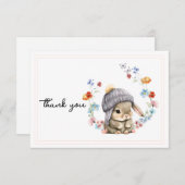 Modern Wildflower Cute Bunny First Birthday  Bedankkaart (Voorkant / Achterkant)