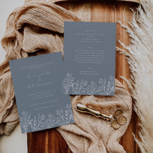 Modern Wildflower Dusty Blue Front & Back Wedding Kaart
