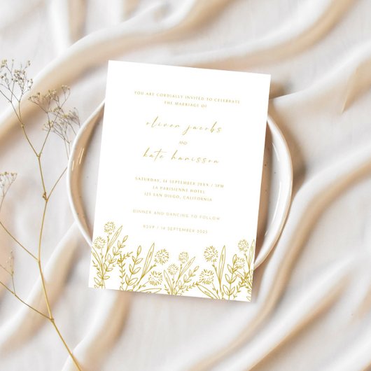 Modern Wildflower Gold & White Wedding Kaart