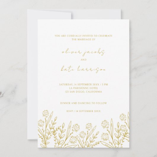 Modern Wildflower Gold & White Wedding Kaart (Voorkant)