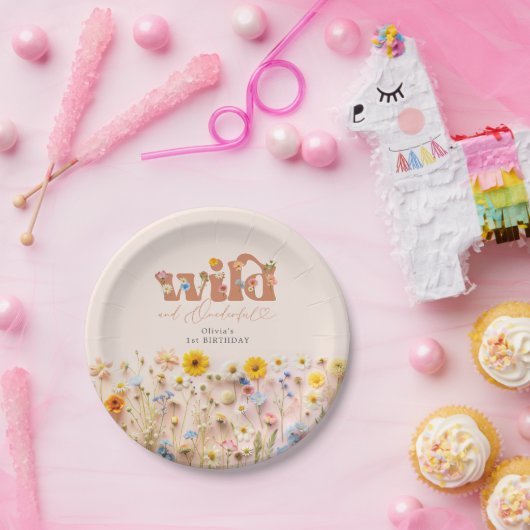 Modern Wildflower Meisje 1e Verjaardag Papieren Bordje (Feest)