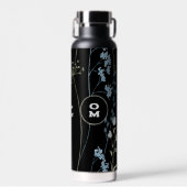 Modern Wildflower Monogram Zwart Lichtblauw Groot Waterfles (Voorkant)