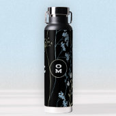 Modern Wildflower Monogram Zwart Lichtblauw Groot Waterfles