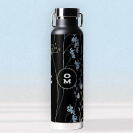 Modern Wildflower Monogram Zwart Lichtblauw Groot Waterfles
