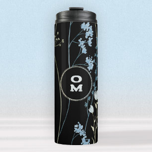 Modern Wildflower Monogram Zwart Lichtblauw Thermosbeker