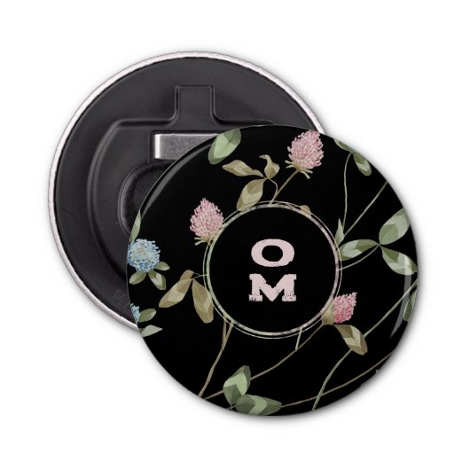 Modern Wildflower Monogram Zwart Roze Groene Klave Button Flesopener (Voorkant)