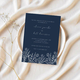 Modern Wildflower Navy Blue Wedding Kaart