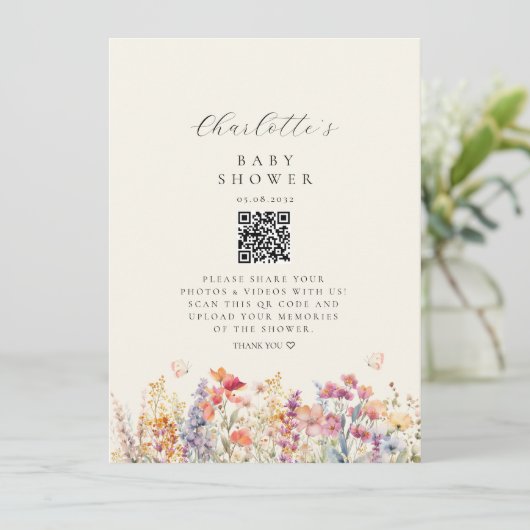 Modern, Wildflower, QR-code, Baby shower, (Staand voorkant)