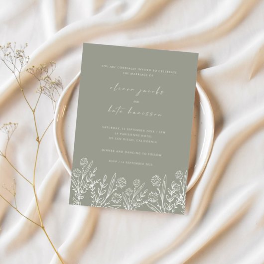 Modern Wildflower Sage Green Wedding Kaart