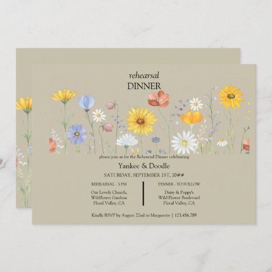 Modern wildflower spring wedding Dinner Invitation Kaart (Voorkant / Achterkant)