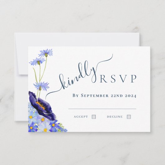 Modern Wildflower Waterverf Blauw Bruiloft Antwoor RSVP Kaartje (Voorkant)