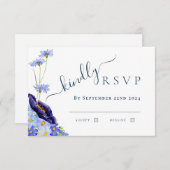 Modern Wildflower Waterverf Blauw Bruiloft Antwoor RSVP Kaartje (Voorkant / Achterkant)