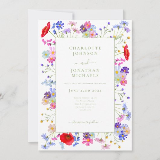 Modern Wildflower Waterverf Bruiloft Kaart (Voorkant)