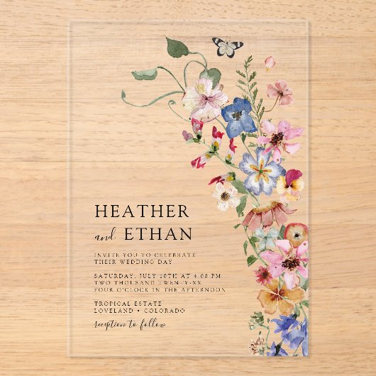 Modern Wildflower Wedding Acryl Uitnodigingen (Voorkant)