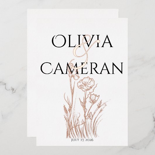Modern Wildflower Wedding Folie Uitnodiging (Voorkant / Achterkant)