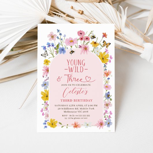 Modern Wildflower Young Wild Three 3rd Birthday Kaart