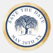 Modern Willow Tree Blue Gold Save the Date Ronde Sticker (Voorkant)