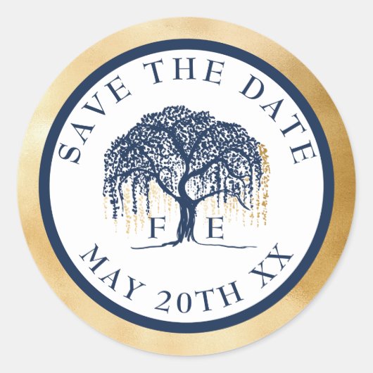 Modern Willow Tree Blue Gold Save the Date Ronde Sticker (Voorkant)