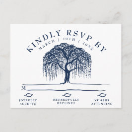 Modern Willow Tree Navy Blue Bruiloft RSVP Briefka Uitnodiging Briefkaart